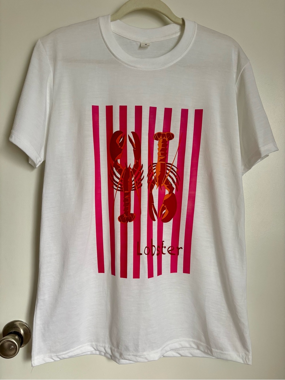White Tee with Pink Stripes and Red Lobster Graphic